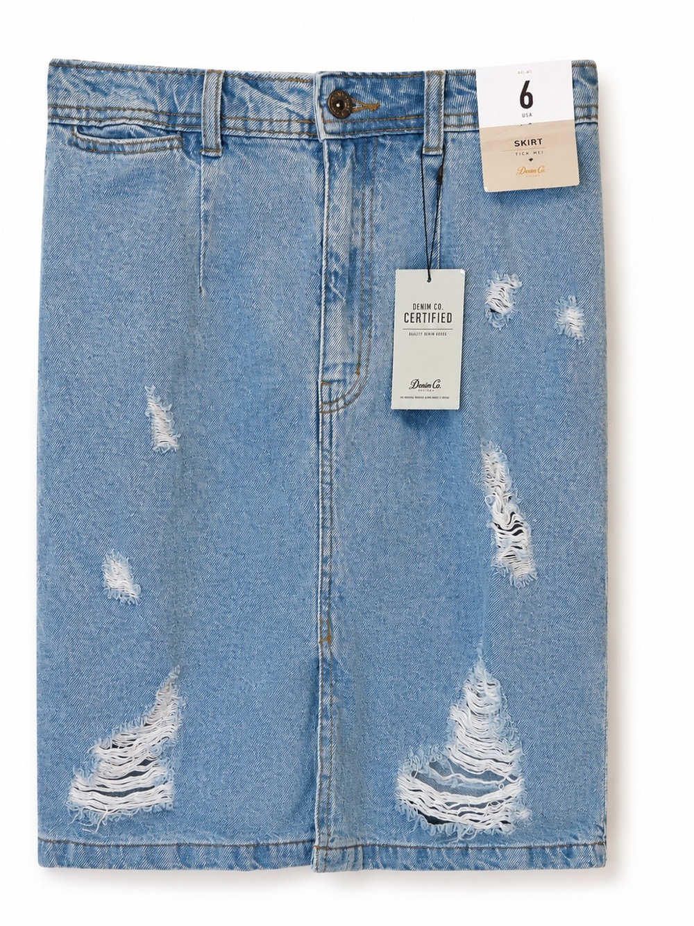 NEW Denim Co Light Wash Denim Pencil Skirt Embroidered Pocket Knee Length NWT